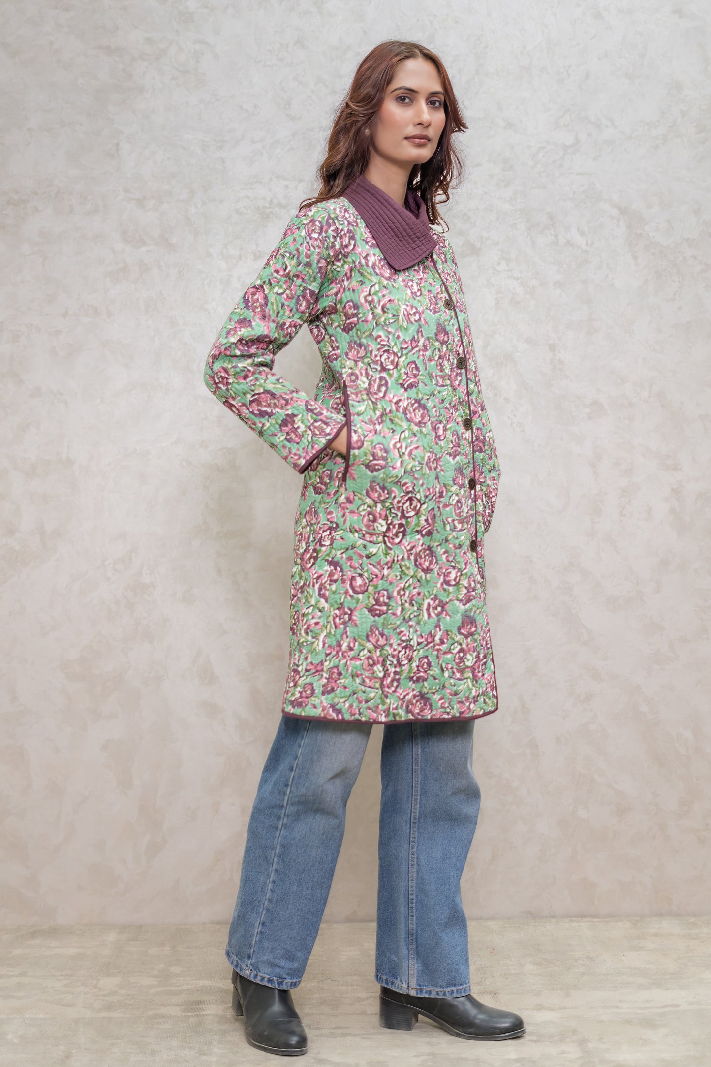 Green Floral Bukhara Quilted Jacket-NVQJ603