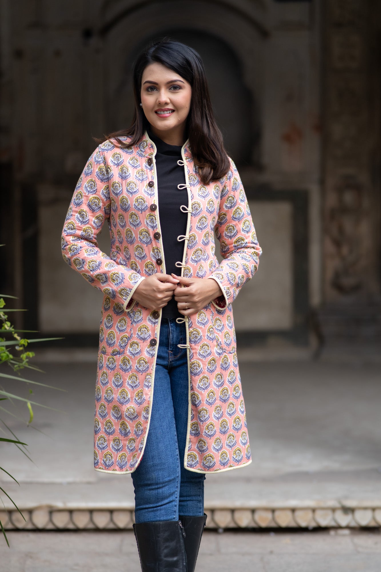 Red Hand Block Printed Reversible Quilted Coat-NVQJ577