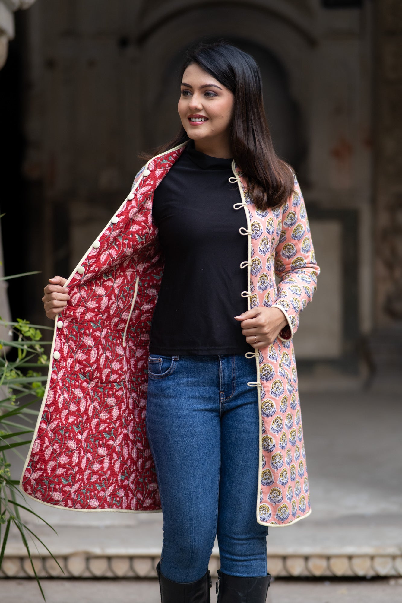 Red Hand Block Printed Reversible Quilted Coat-NVQJ577