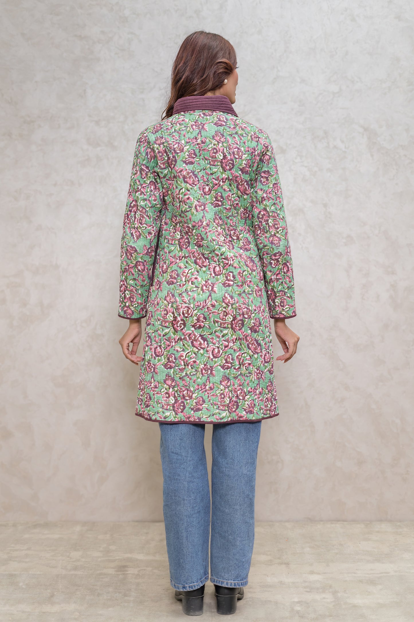 Green Floral Bukhara Quilted Jacket-NVQJ603