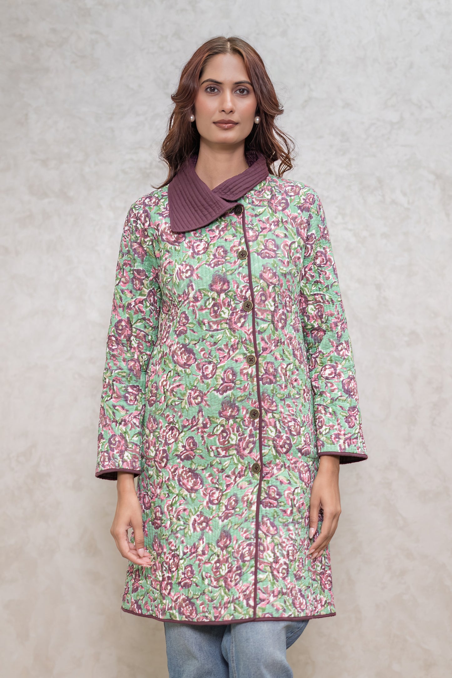 Green Floral Bukhara Quilted Jacket-NVQJ603