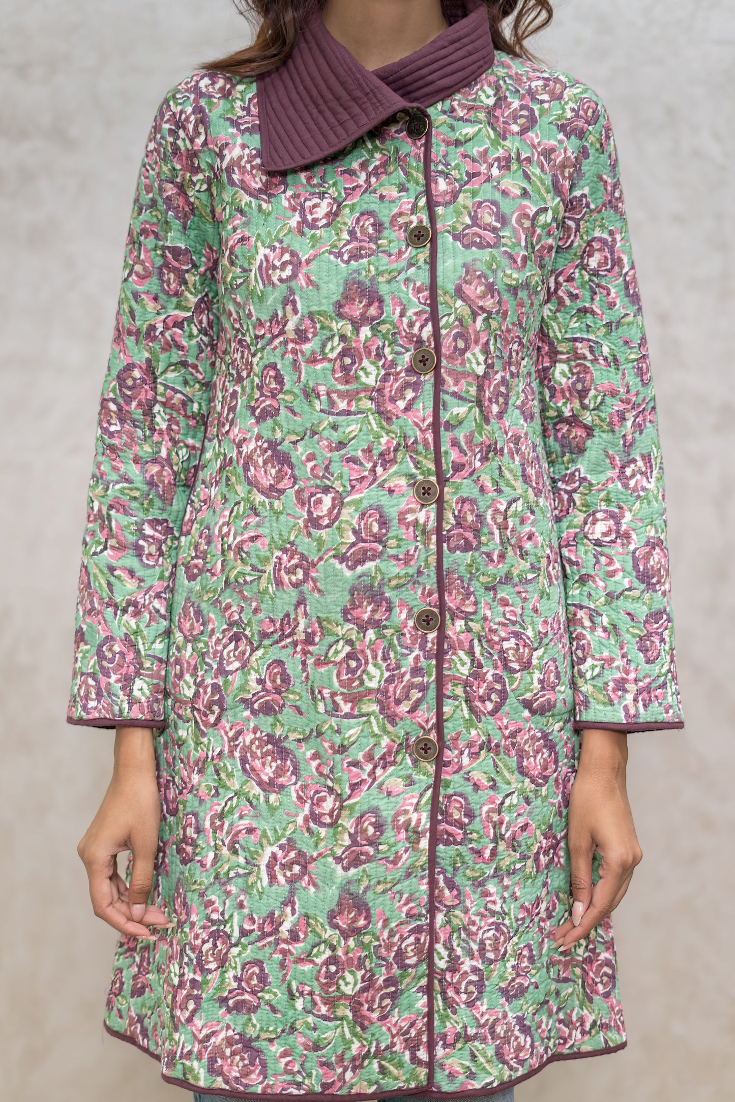 Green Floral Bukhara Quilted Jacket-NVQJ603