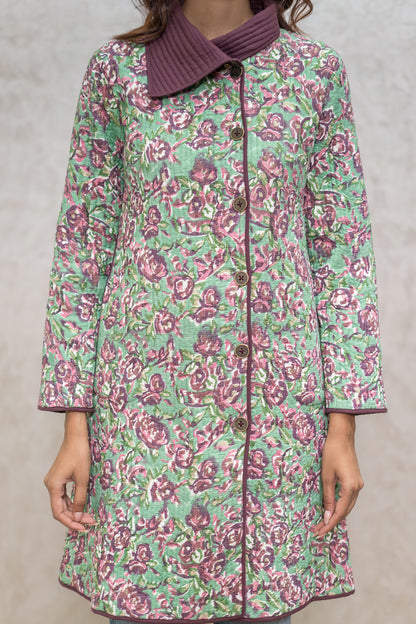 Green Floral Bukhara Quilted Jacket-NVQJ603