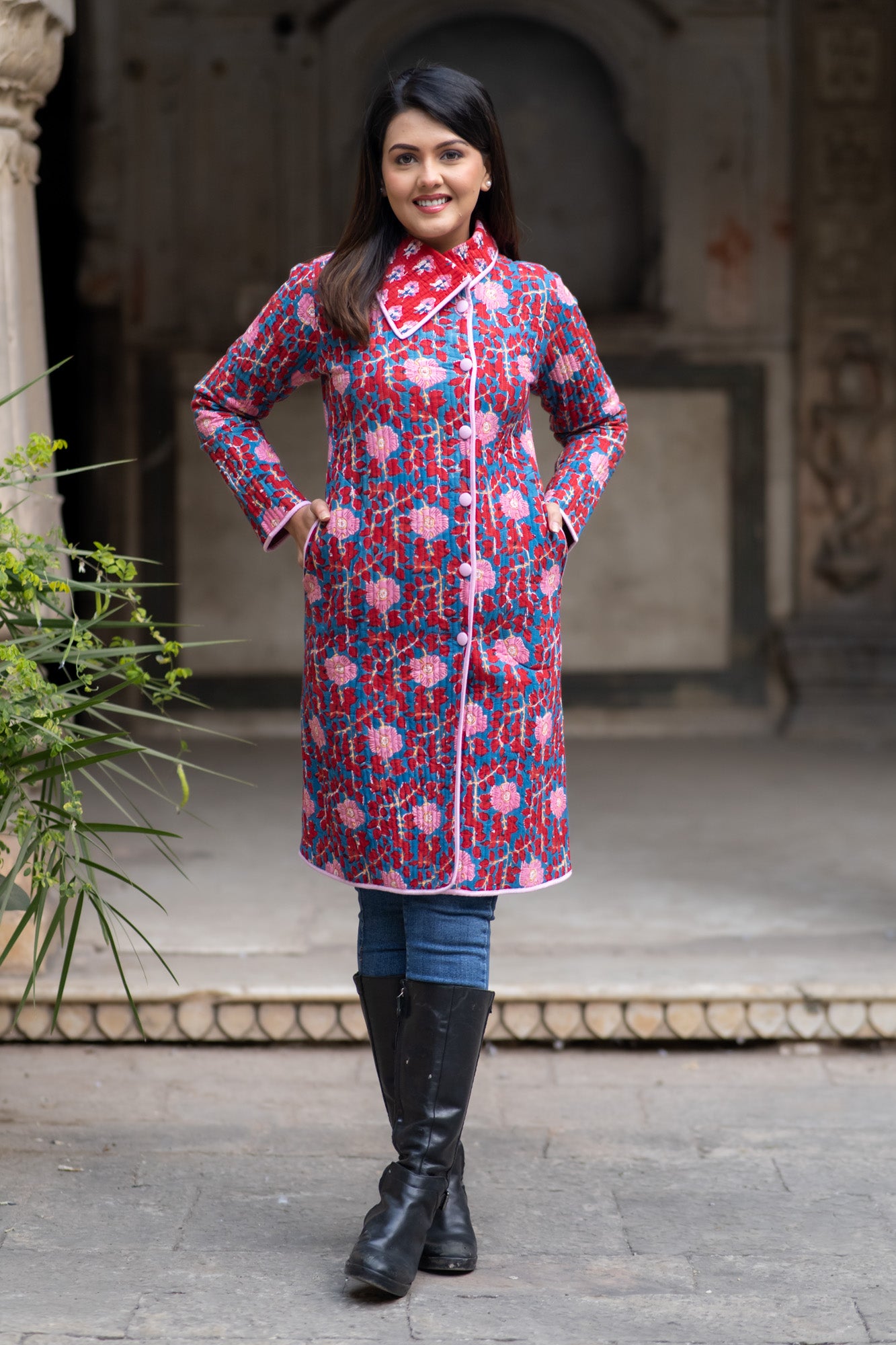 Red Block Printed Quilted Bukhara Coat-NVQJ581