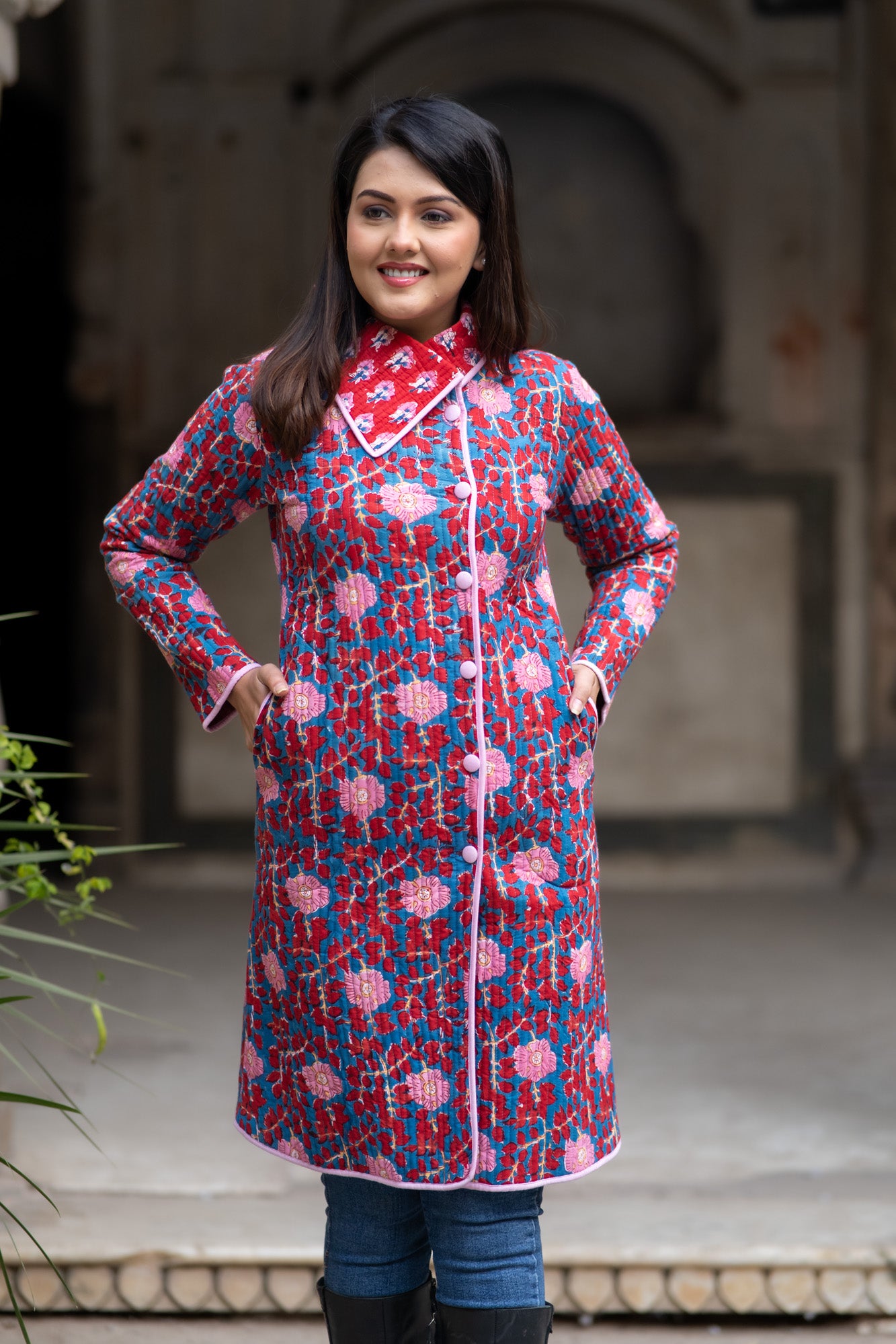 Red Block Printed Quilted Bukhara Coat-NVQJ581