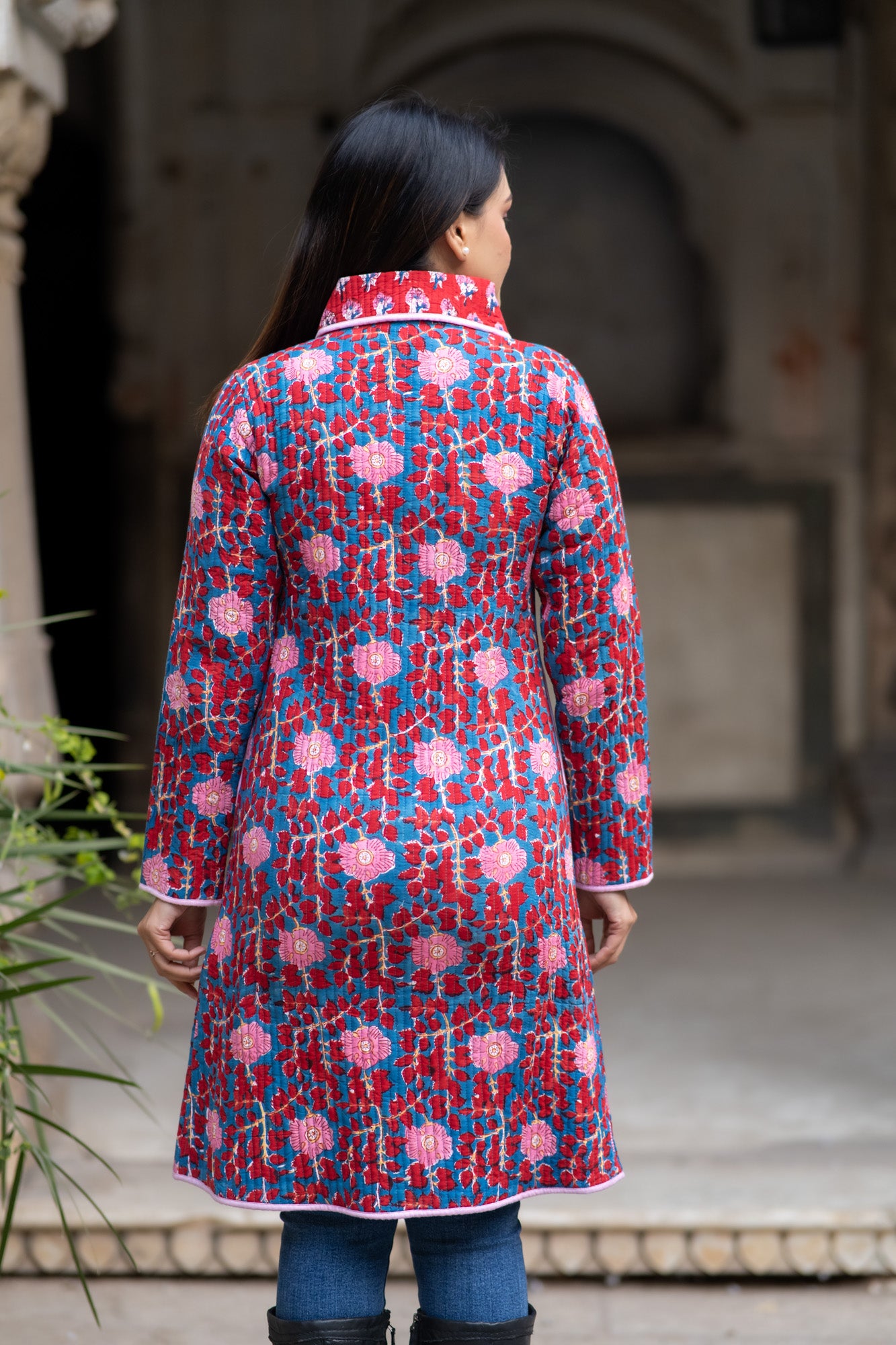 Red Block Printed Quilted Bukhara Coat-NVQJ581