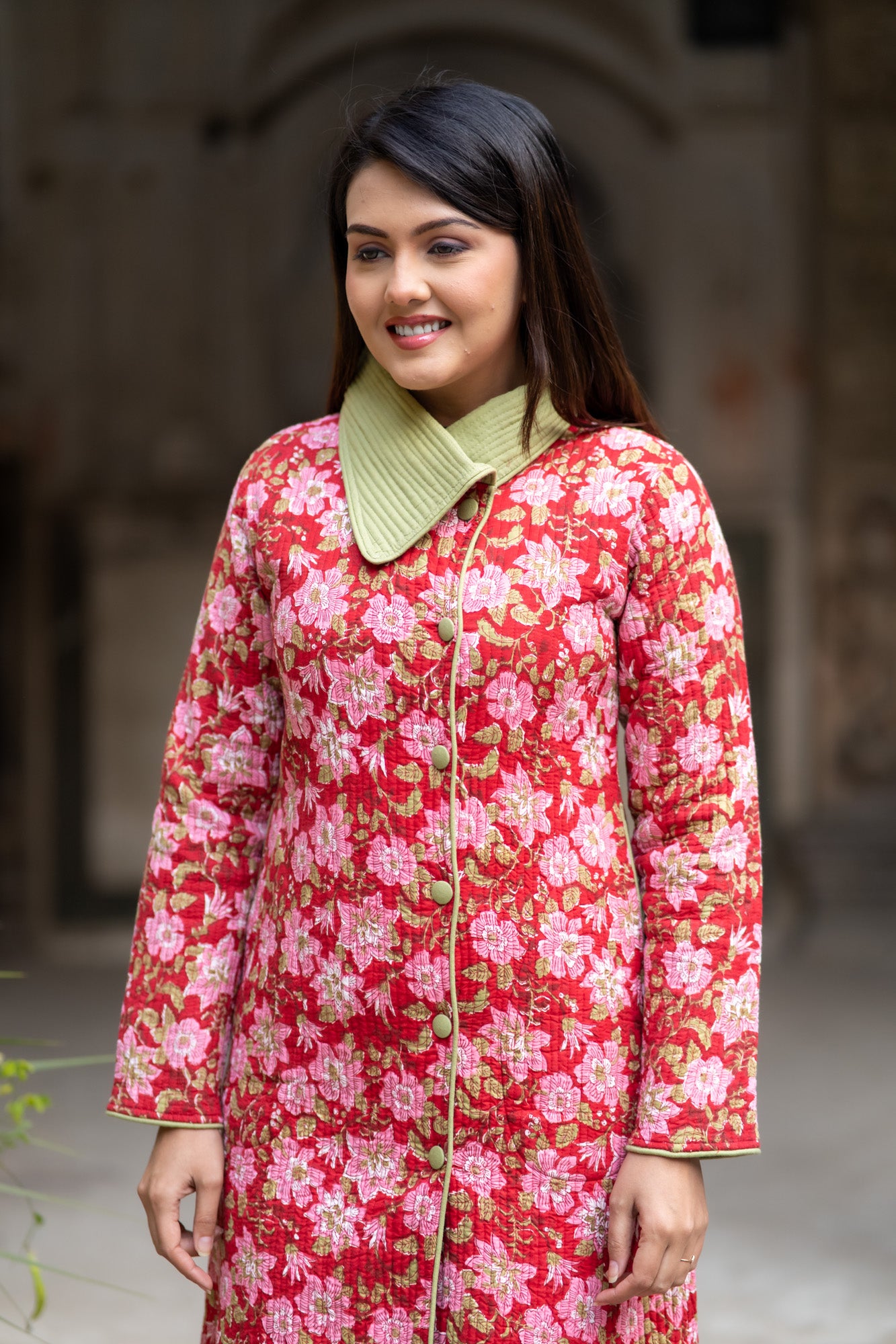 Cherry Red Quilted Bukhara Coat-NVQJ583