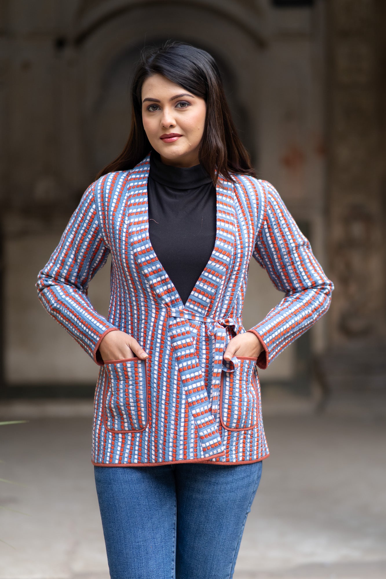 Block Printed Front Open Jacket-NVQJ575