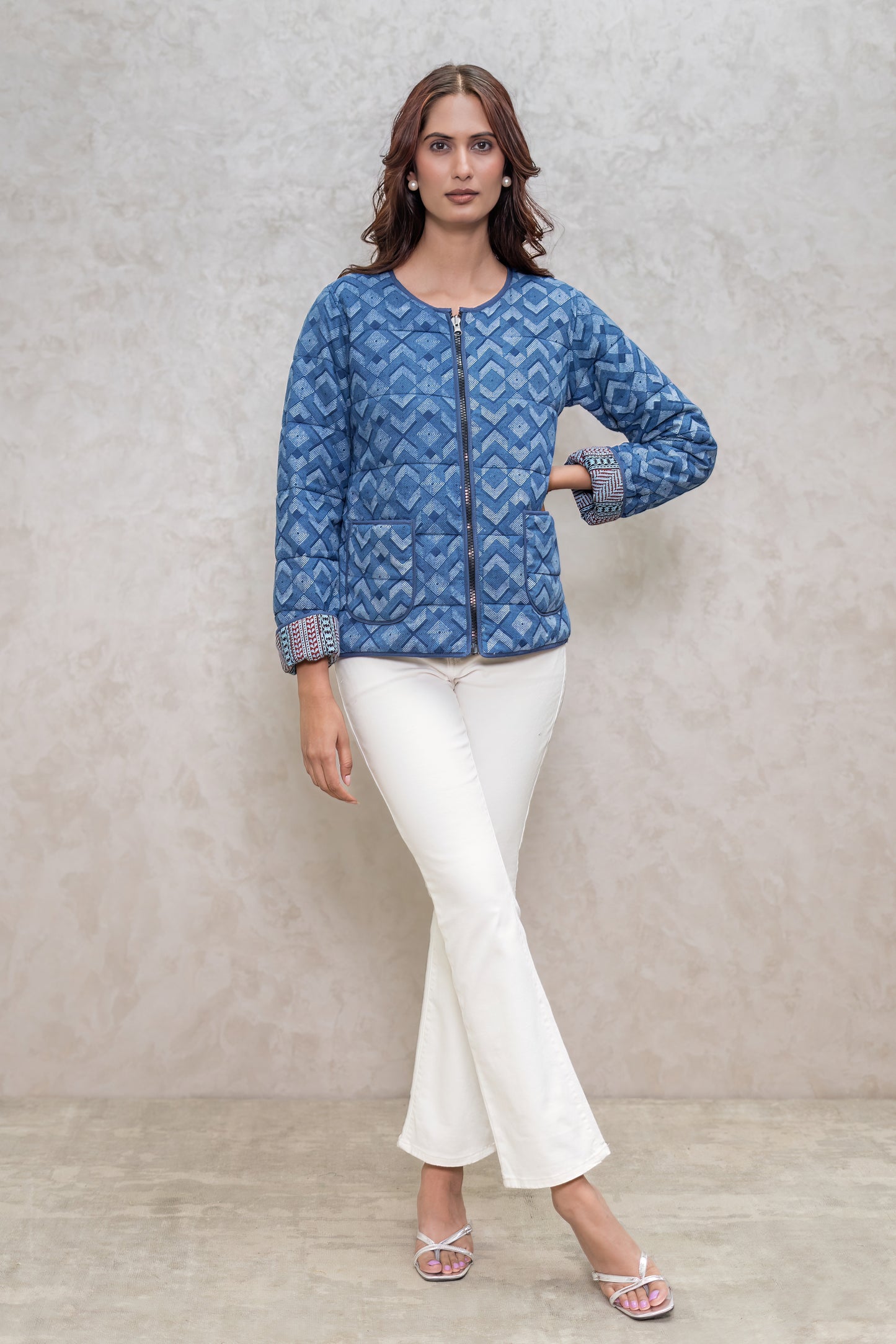 Indigo Block Printed Fiber Quilted Jacket-NVQJ602 Sale