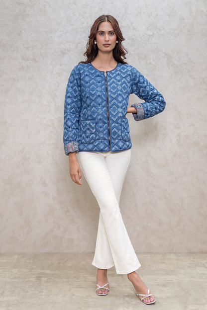Indigo Block Printed Fiber Quilted Jacket-NVQJ602 Sale