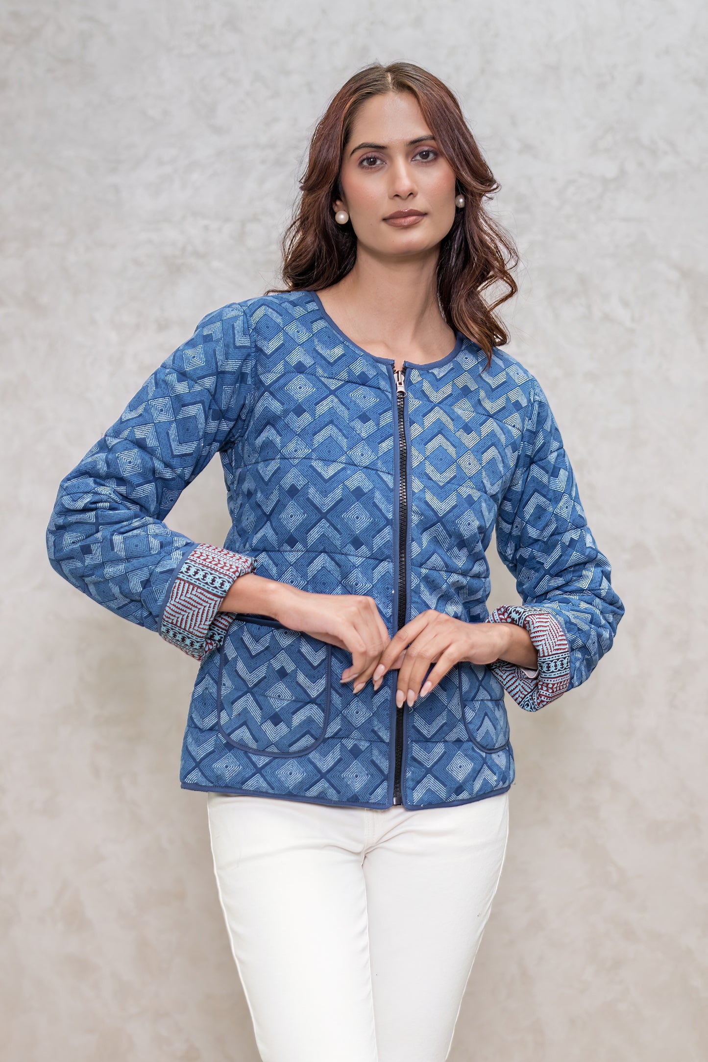 Indigo Block Printed Fiber Quilted Jacket-NVQJ602 Sale