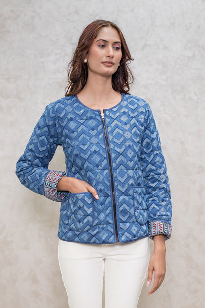 Indigo Block Printed Fiber Quilted Jacket-NVQJ602 Sale