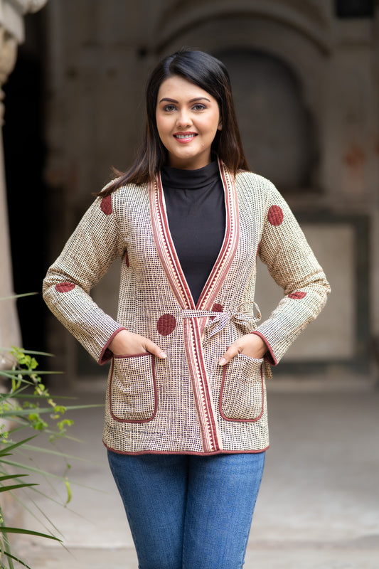 Beige Block Printed Front Open Jacket-NVQJ576