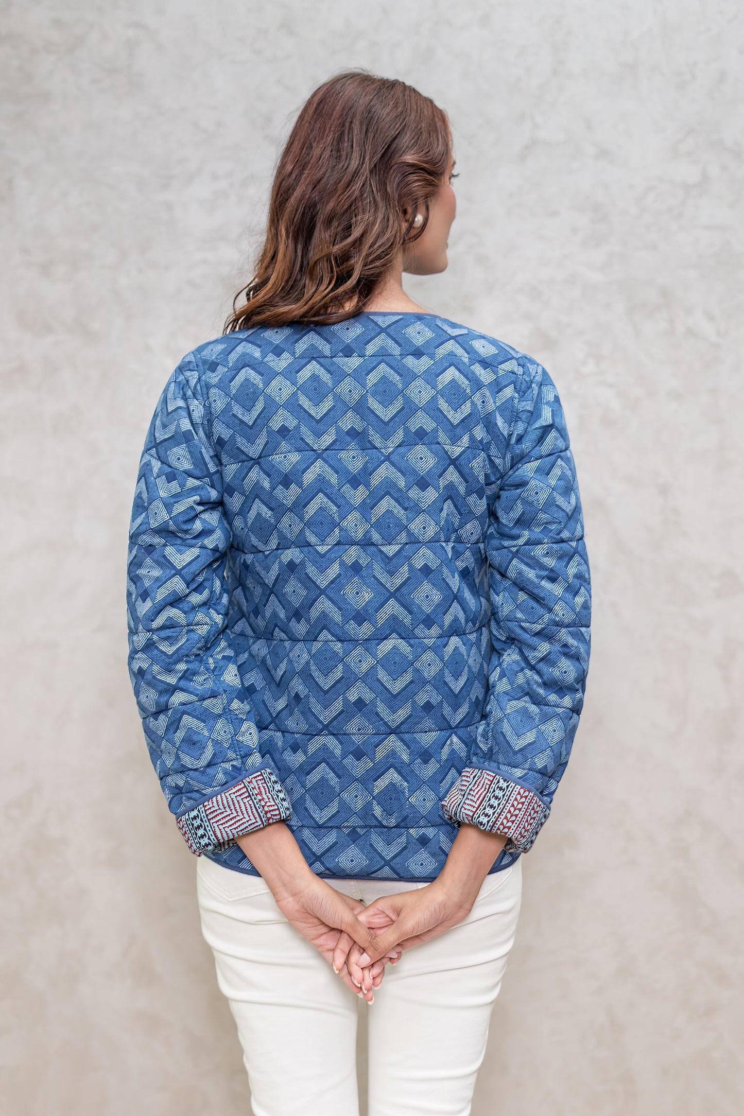 Indigo Block Printed Fiber Quilted Jacket-NVQJ602 Sale