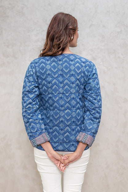 Indigo Block Printed Fiber Quilted Jacket-NVQJ602 Sale