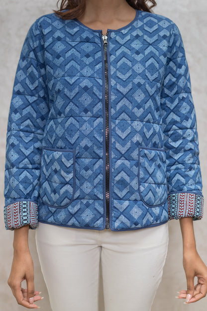 Indigo Block Printed Fiber Quilted Jacket-NVQJ602 Sale