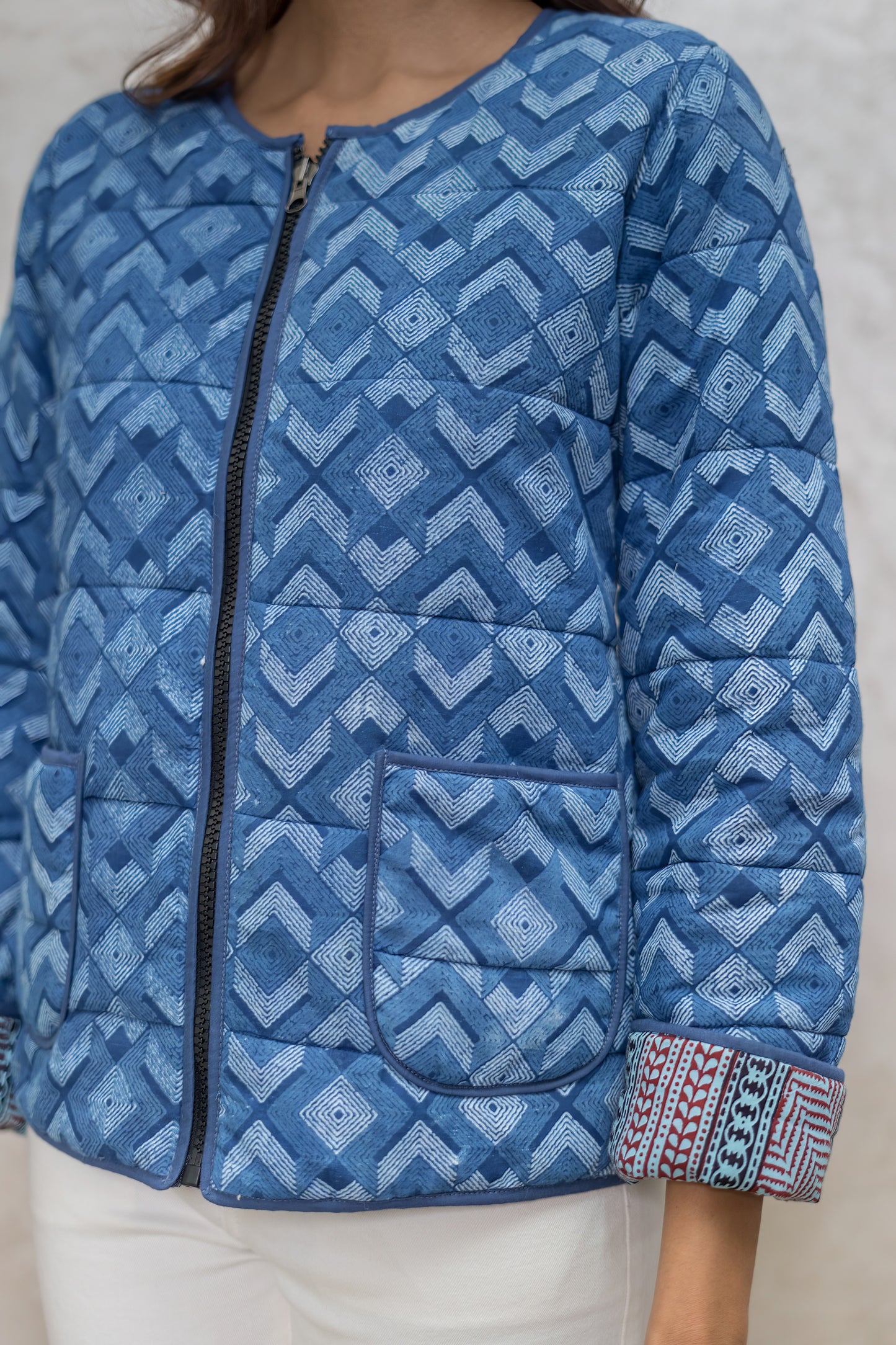 Indigo Block Printed Fiber Quilted Jacket-NVQJ602 Sale