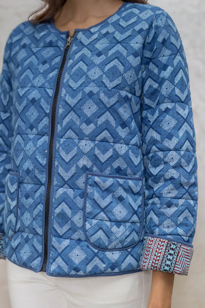 Indigo Block Printed Fiber Quilted Jacket-NVQJ602 Sale