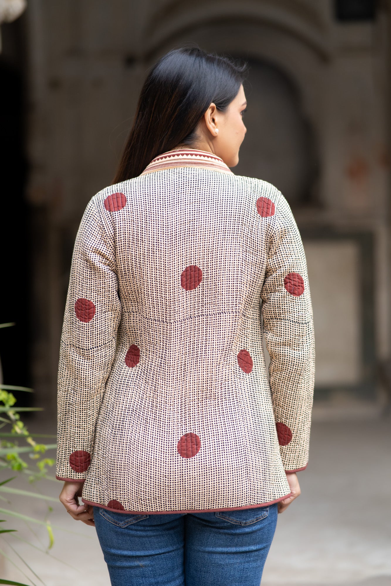 Beige Block Printed Front Open Jacket-NVQJ576