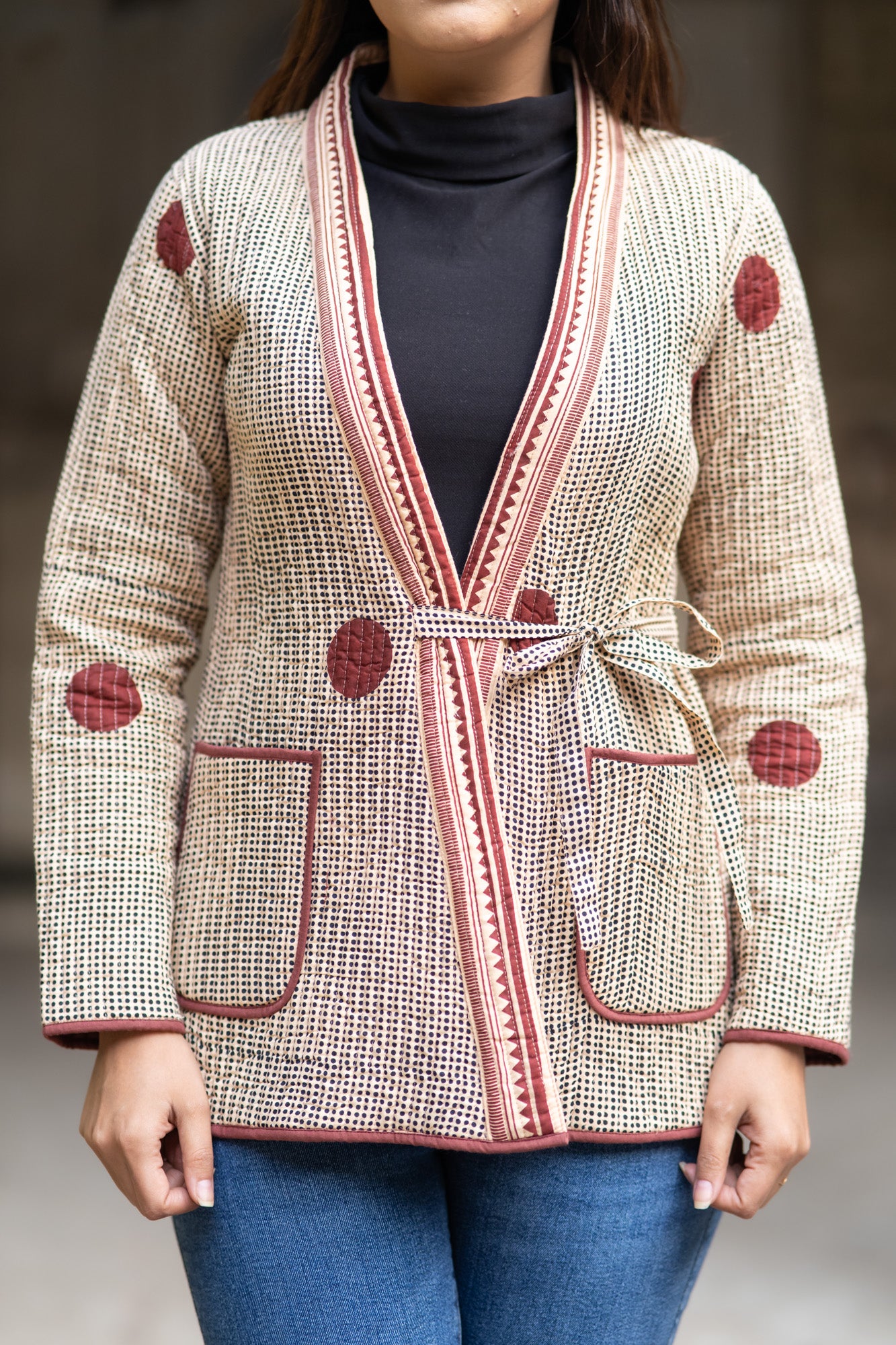 Beige Block Printed Front Open Jacket-NVQJ576