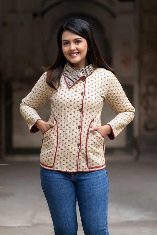 Beige Bukhara Quilted Jacket-NVQJ574