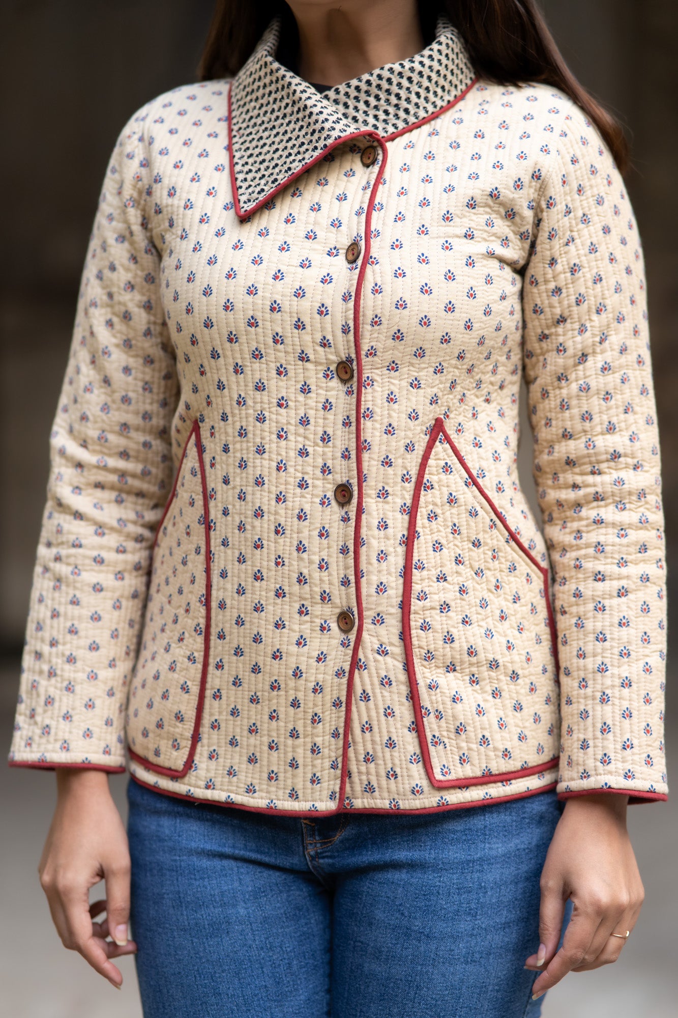 Beige Bukhara Quilted Jacket-NVQJ574