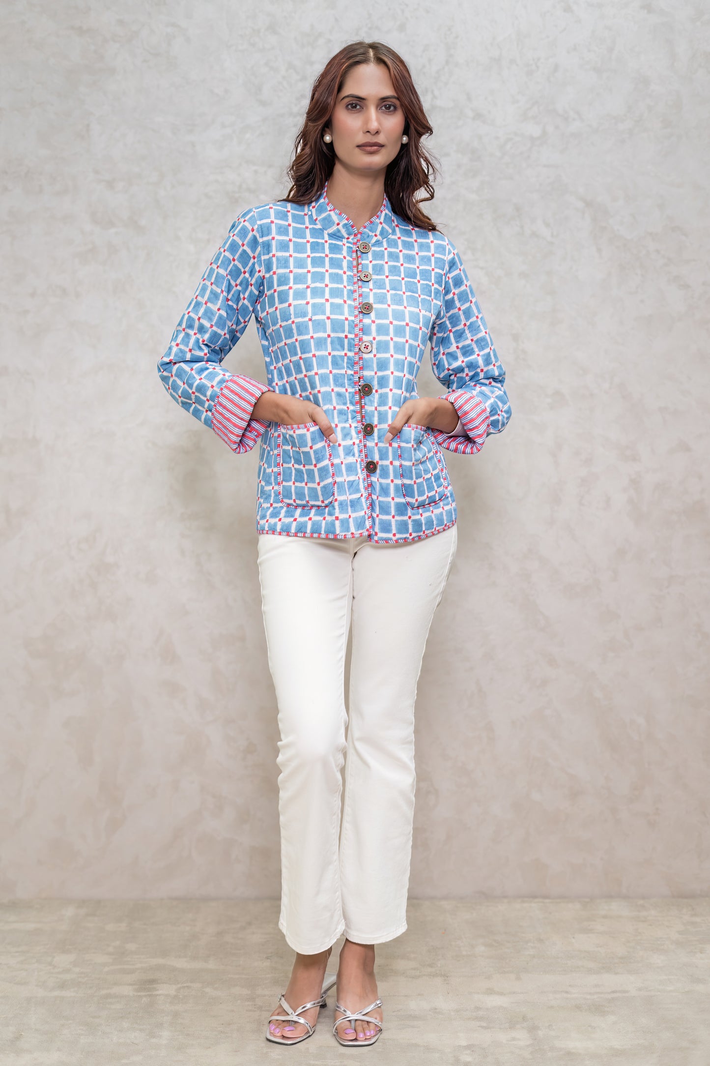 Blue Reversible Block Printed Quilted Jacket-NVQJ601