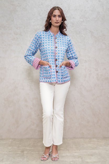 Blue Reversible Block Printed Quilted Jacket-NVQJ601