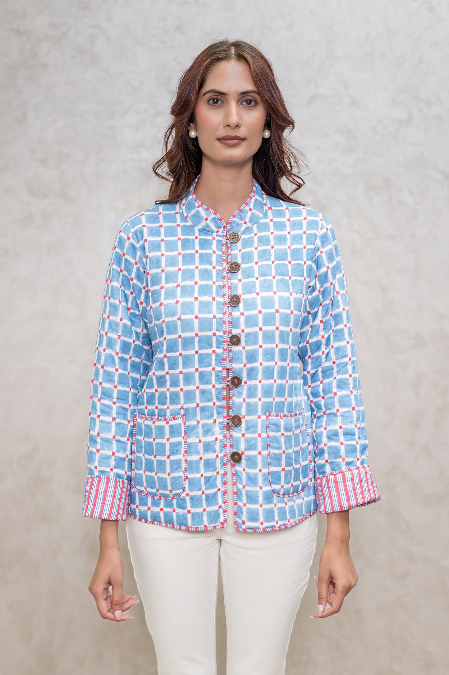 Blue Reversible Block Printed Quilted Jacket-NVQJ601