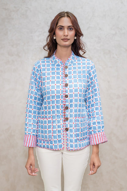 Blue Reversible Block Printed Quilted Jacket-NVQJ601