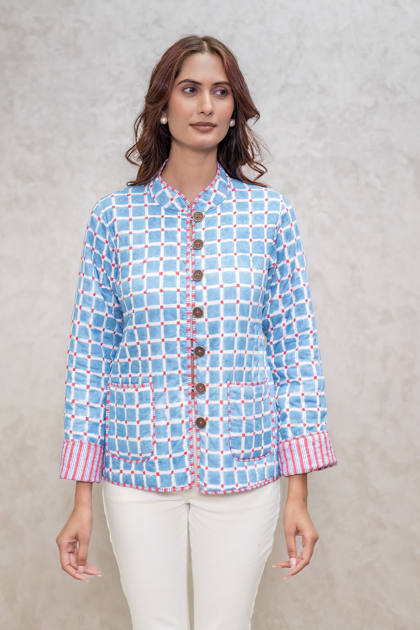 Blue Reversible Block Printed Quilted Jacket-NVQJ601