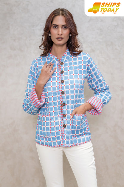 Blue Reversible Block Printed Quilted Jacket-NVQJ601