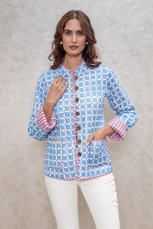 Blue Reversible Block Printed Quilted Jacket-NVQJ601