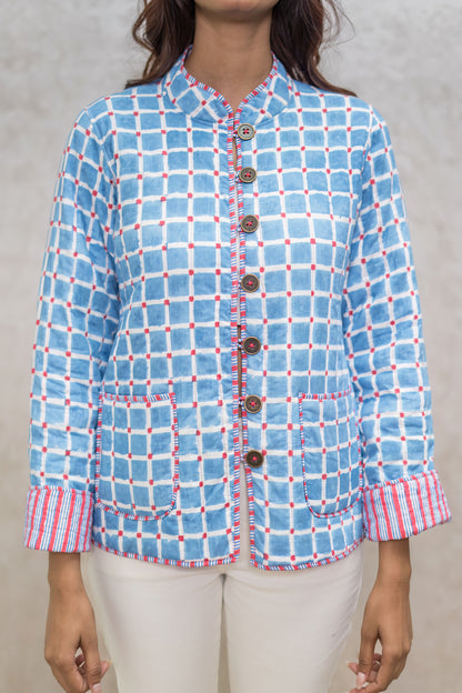 Blue Reversible Block Printed Quilted Jacket-NVQJ601