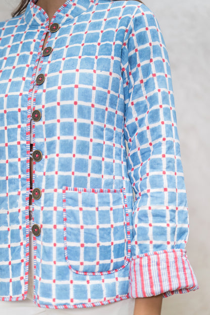 Blue Reversible Block Printed Quilted Jacket-NVQJ601