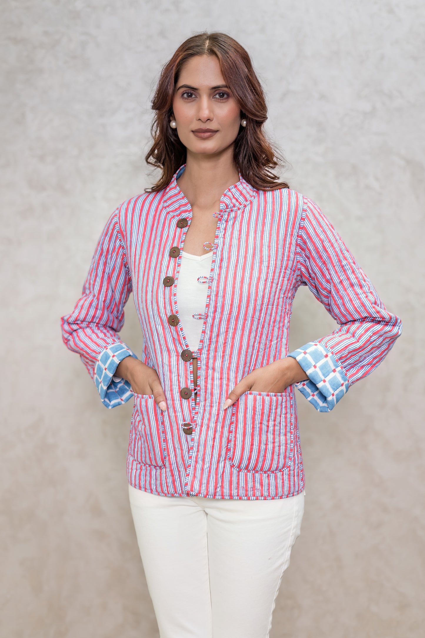 Blue Reversible Block Printed Quilted Jacket-NVQJ601