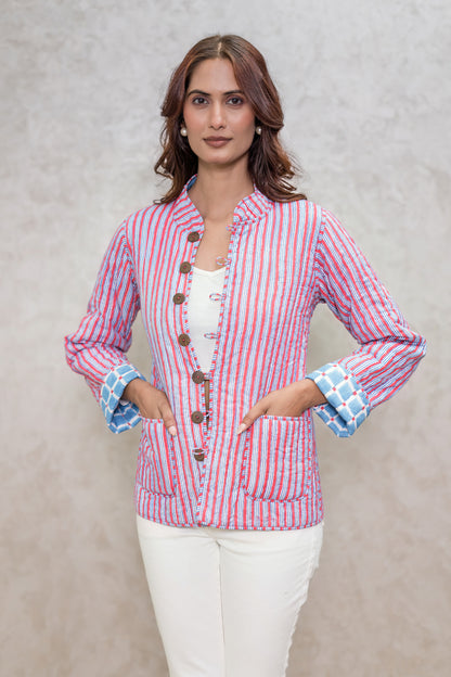 Blue Reversible Block Printed Quilted Jacket-NVQJ601