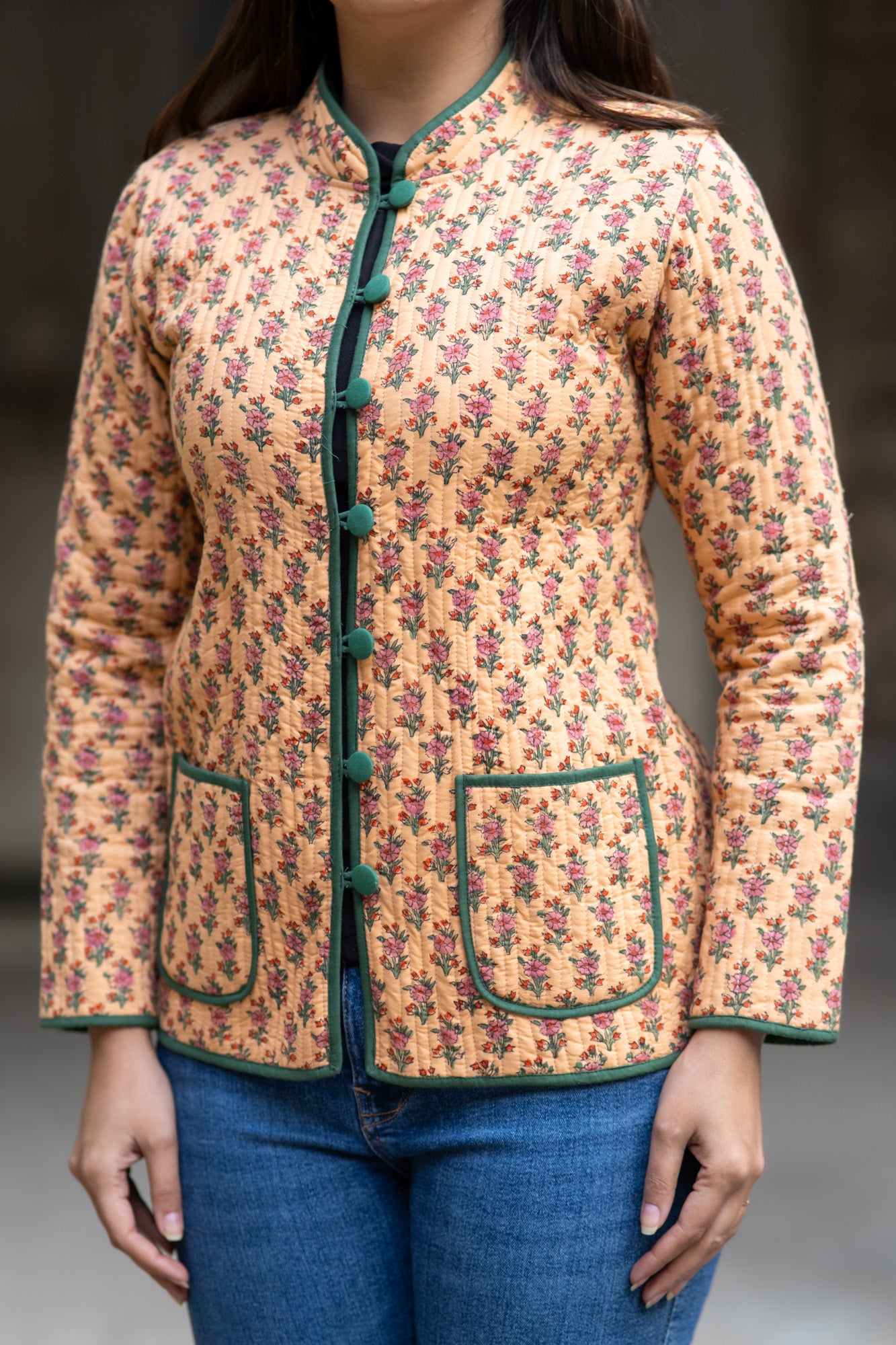 Butterscotch Block Printed Reversible Quilted Jacket-NVQJ566