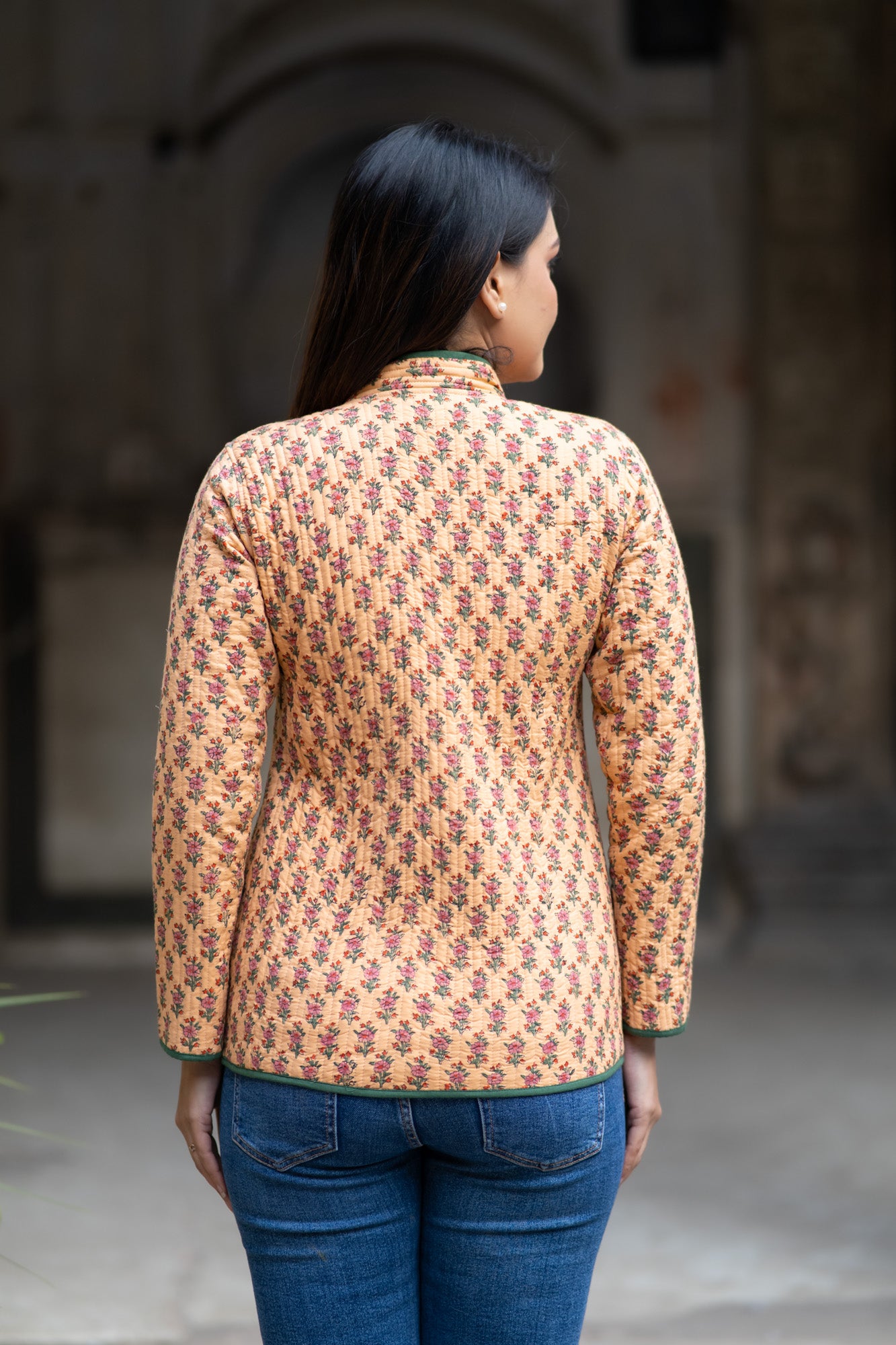 Butterscotch Block Printed Reversible Quilted Jacket-NVQJ566