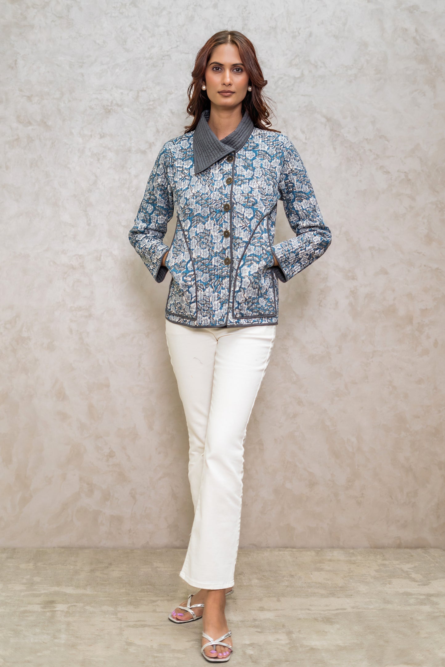 Grey Blue Bukhara Quilted Jacket-NVQJ600