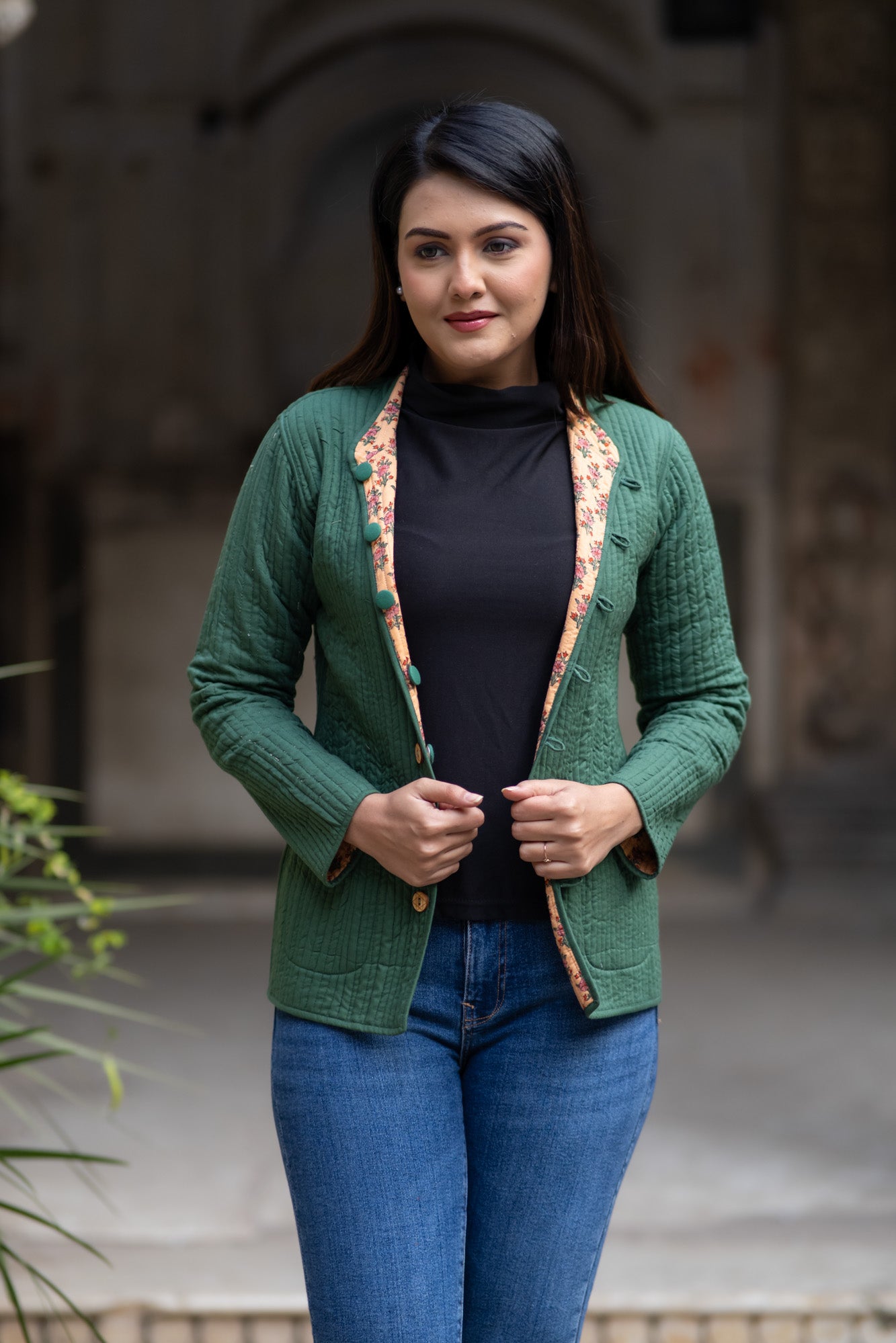 Butterscotch Block Printed Reversible Quilted Jacket-NVQJ566