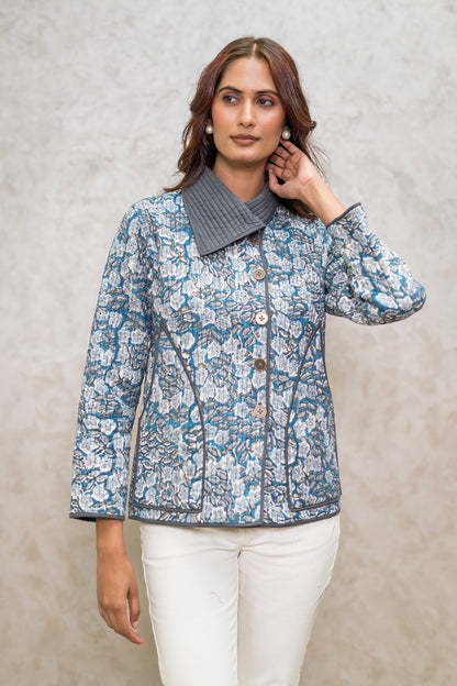 Grey Blue Bukhara Quilted Jacket-NVQJ600