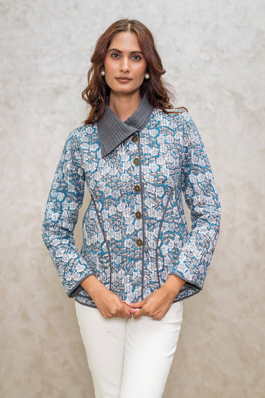 Grey Blue Bukhara Quilted Jacket-NVQJ600