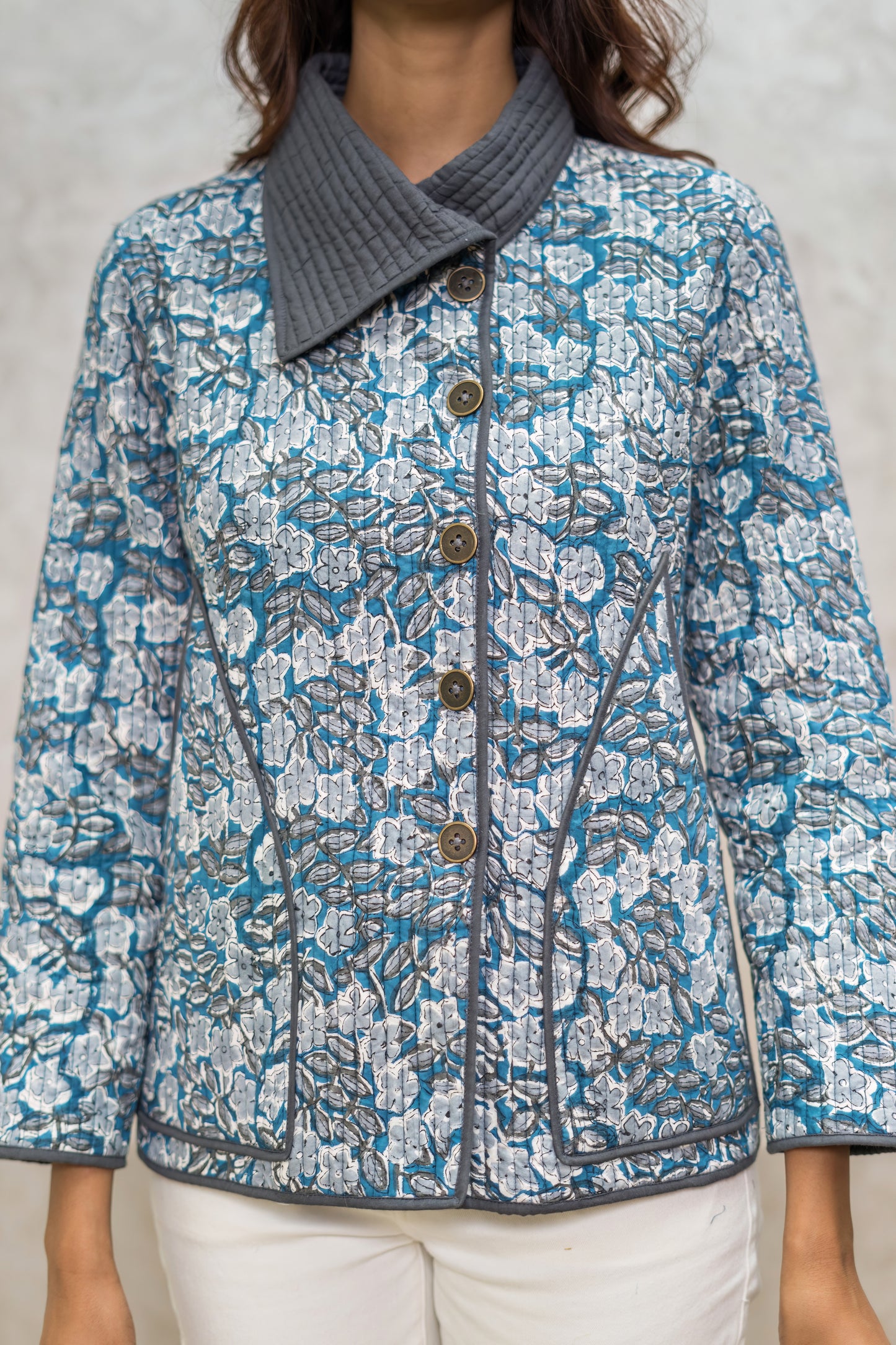 Grey Blue Bukhara Quilted Jacket-NVQJ600