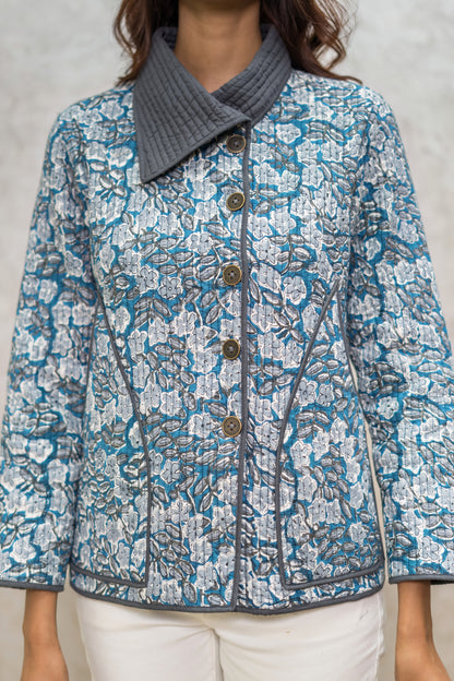 Grey Blue Bukhara Quilted Jacket-NVQJ600
