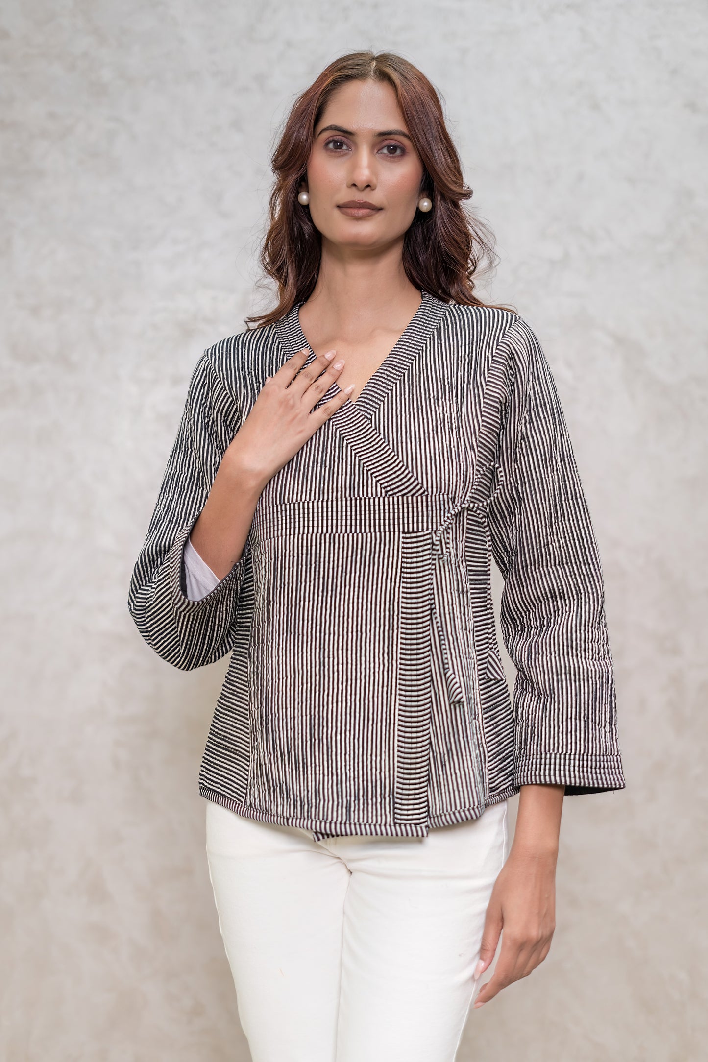 Black Bagru Quilted Angrakha Jacket-NVQJ627