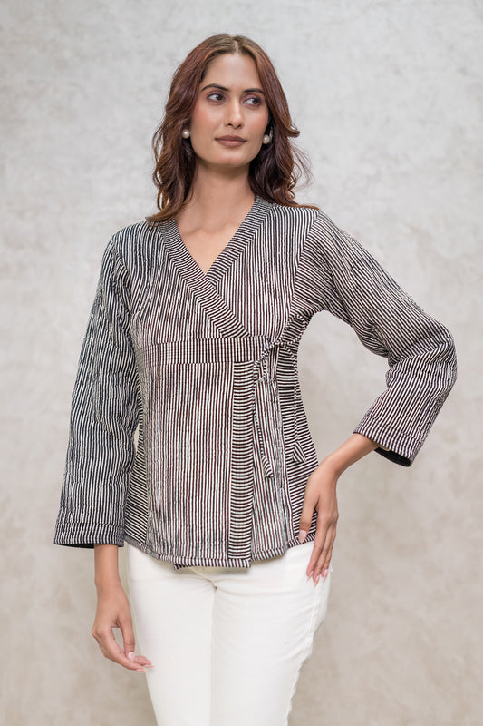 Black Bagru Quilted Angrakha Jacket-NVQJ627