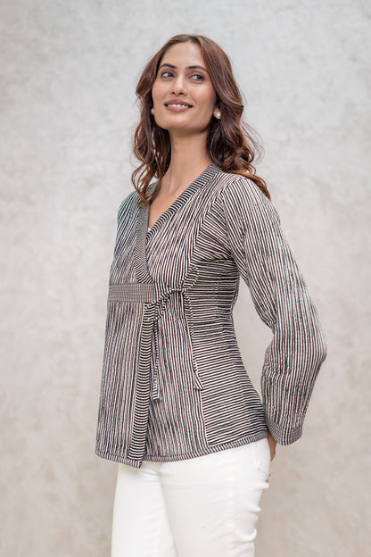 Black Bagru Quilted Angrakha Jacket-NVQJ627