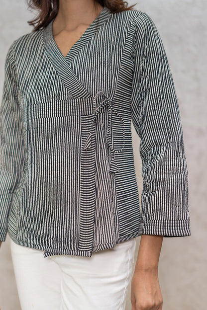 Black Bagru Quilted Angrakha Jacket-NVQJ627