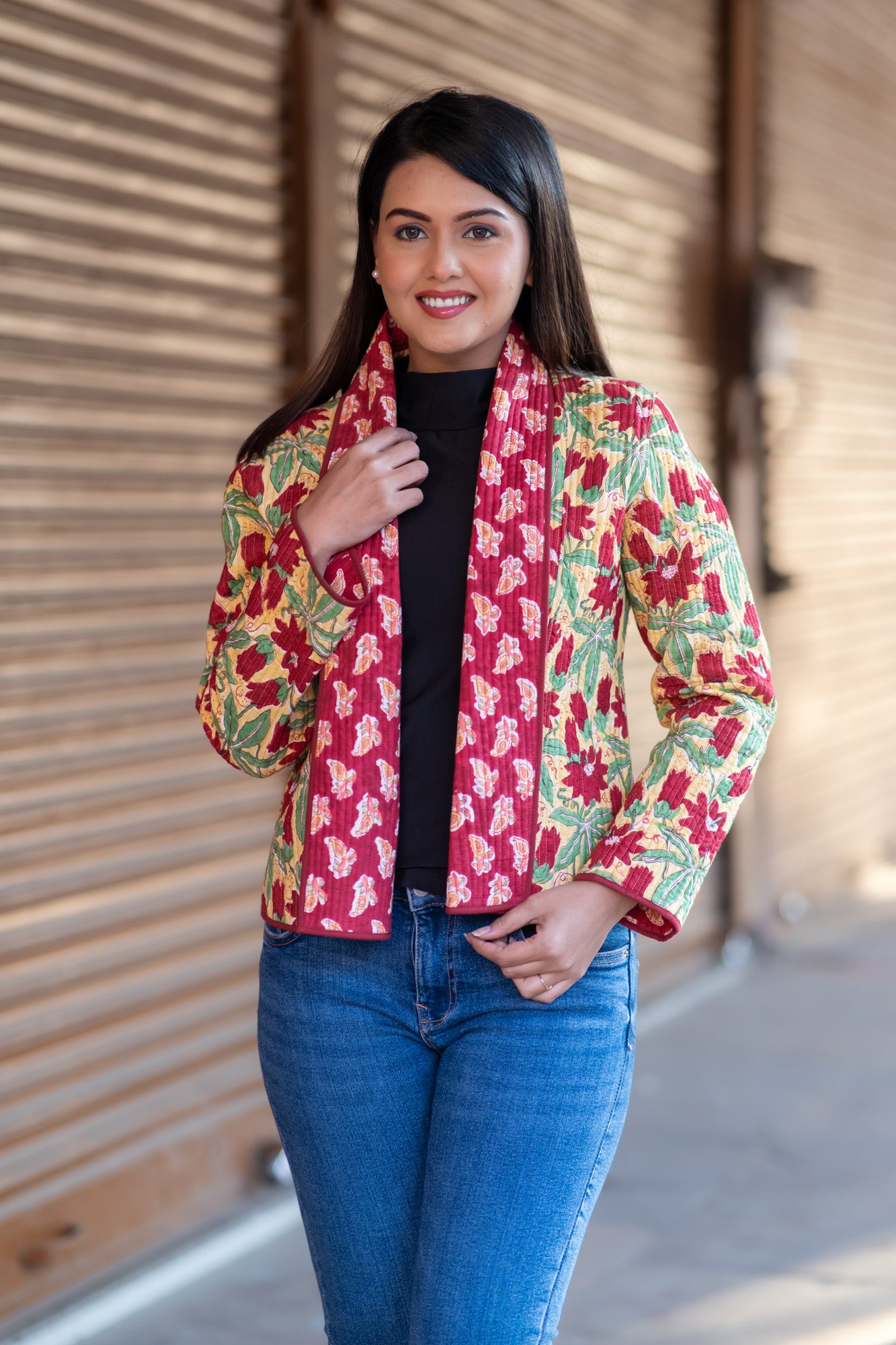 Red Quilted Reversible Front Open Jacket-NVQJ587